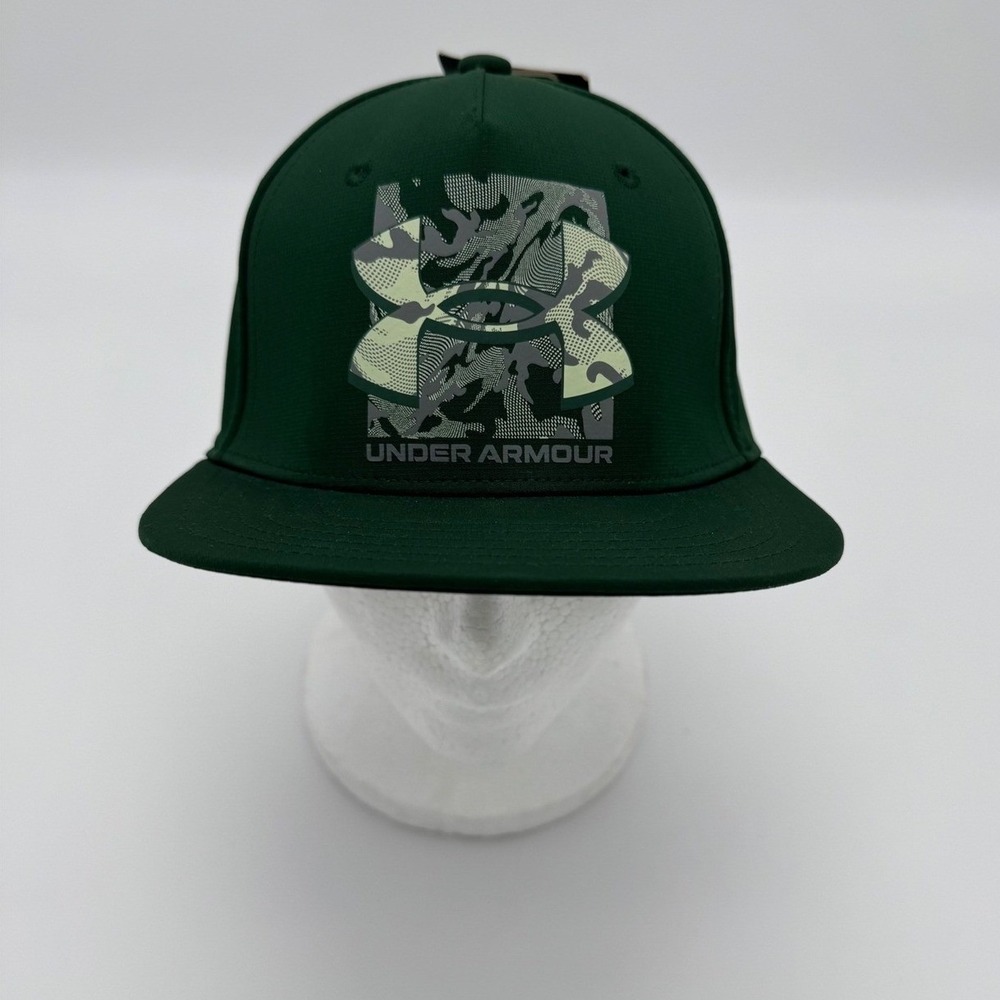 NWT Under Armour Snapback Hat Youth OSFM Green Camo Logo Flat Brim Cap